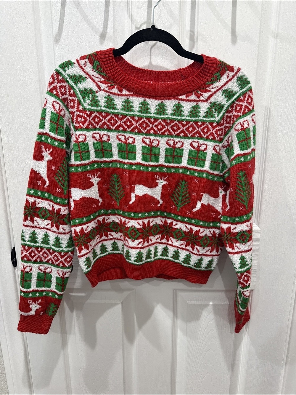Merry Christmas by Poof Ugly Christmas Holiday Sweater Festive Red Women’s Large